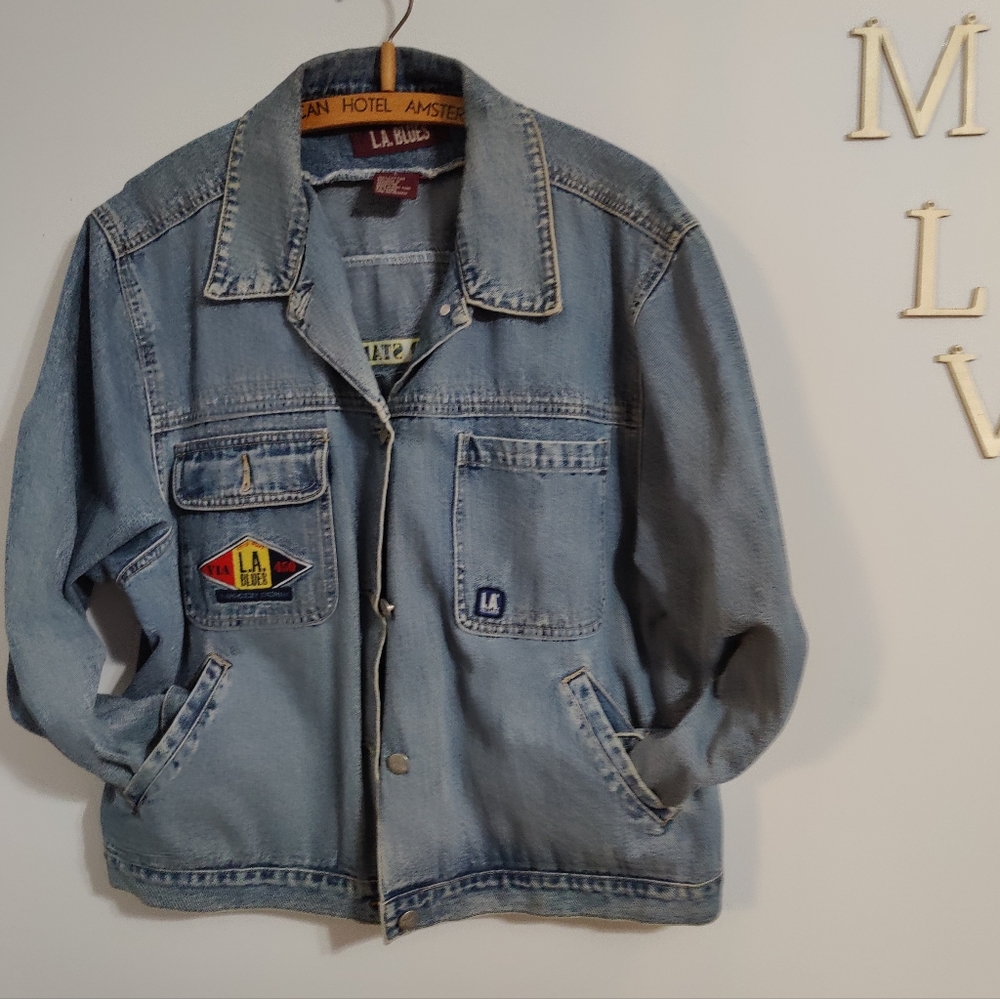 Skater 90s cropped denim oversized jacket BIG iconic logo L A Blues cheer